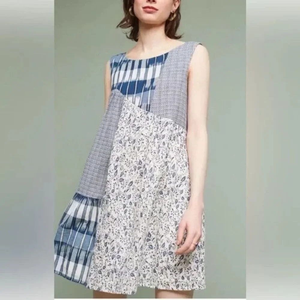 Holding Horses Dress Womens Small Blue Patchwork Sleeveless Boho Anthropologie